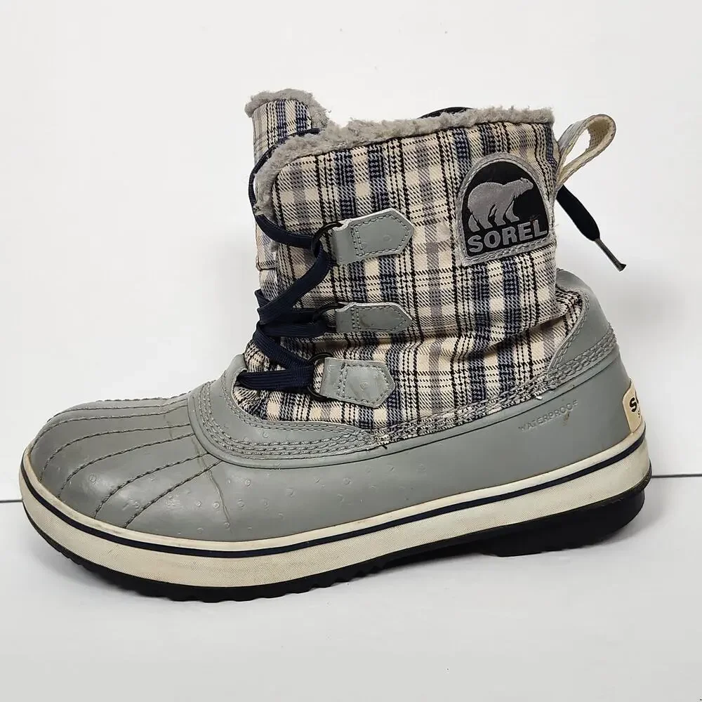 Sorel Gray Plaid Snow Boots Womens Size 10 Waterproof Insulated Faux Fur